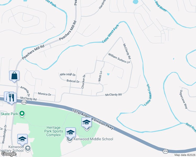 map of restaurants, bars, coffee shops, grocery stores, and more near 1350 Whitt Lane in Clarksville