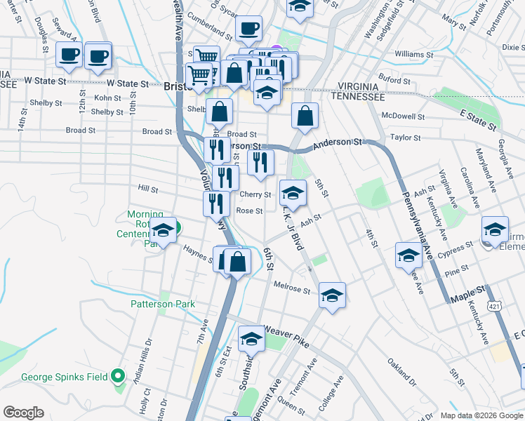 map of restaurants, bars, coffee shops, grocery stores, and more near 506 6th Street in Bristol
