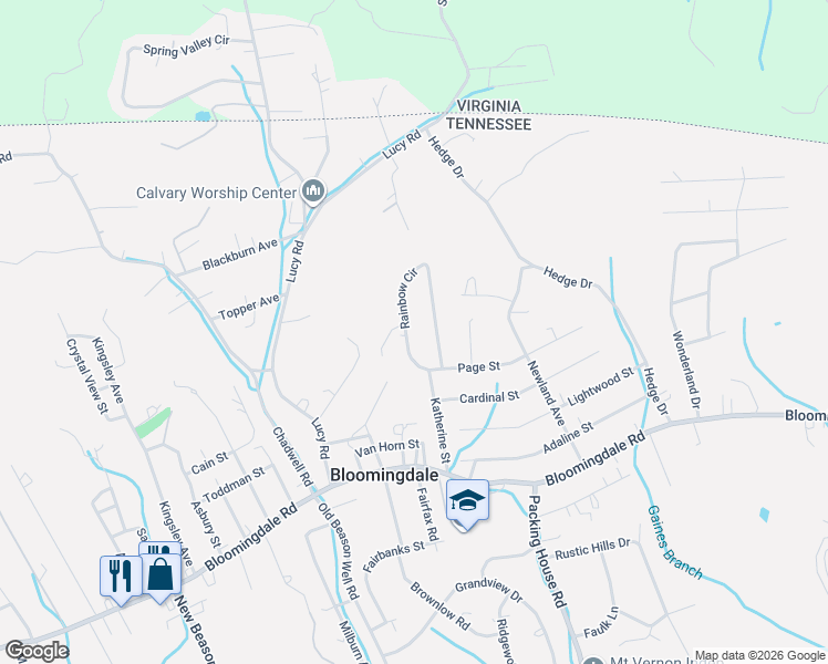 map of restaurants, bars, coffee shops, grocery stores, and more near 416 Rainbow Circle in Kingsport