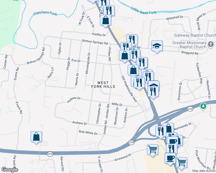 map of restaurants, bars, coffee shops, grocery stores, and more near 216 Maplewood Drive in Clarksville