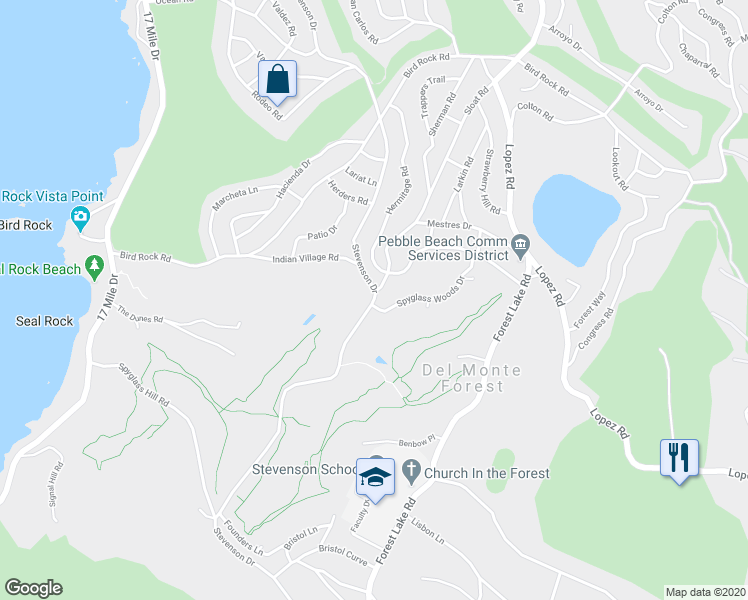 map of restaurants, bars, coffee shops, grocery stores, and more near 3159 Stevenson Drive in Del Monte Forest