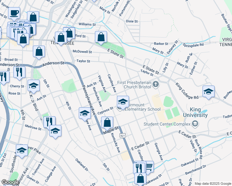 map of restaurants, bars, coffee shops, grocery stores, and more near 501 Spruce Street in Bristol