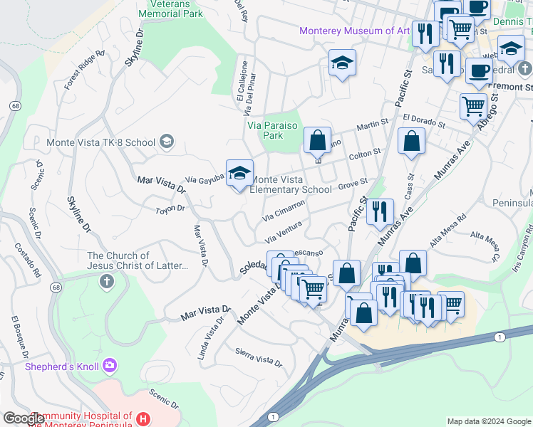 map of restaurants, bars, coffee shops, grocery stores, and more near 98 Via Cimarron in Monterey