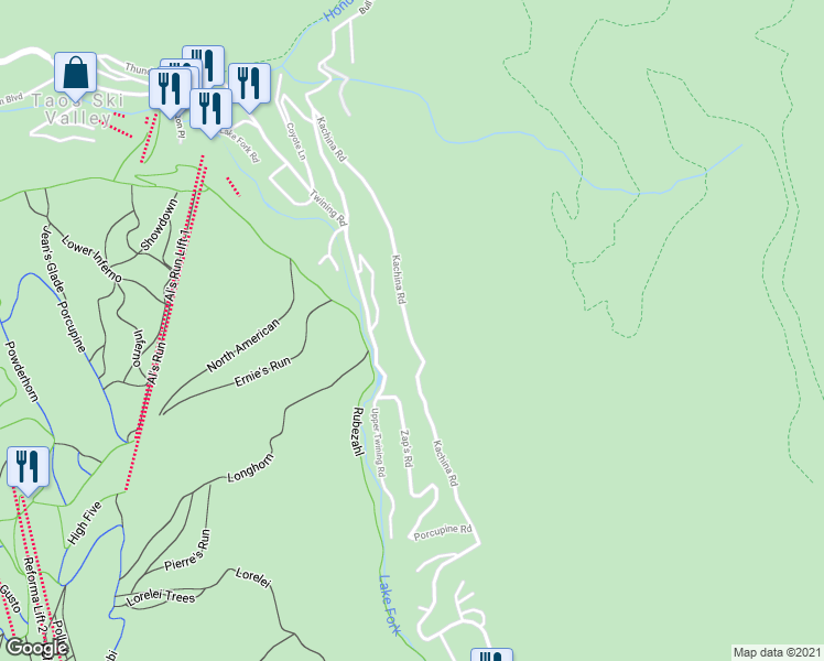 map of restaurants, bars, coffee shops, grocery stores, and more near Kachina Road in Taos Ski Valley