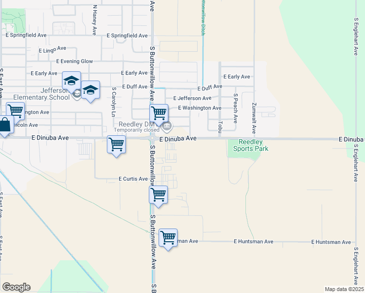 map of restaurants, bars, coffee shops, grocery stores, and more near 2007 East Dinuba Avenue in Reedley
