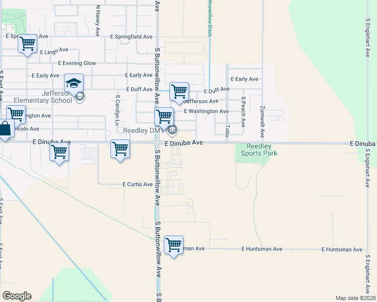 map of restaurants, bars, coffee shops, grocery stores, and more near 2007 East Dinuba Avenue in Reedley