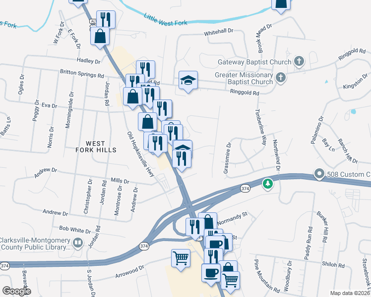 map of restaurants, bars, coffee shops, grocery stores, and more near 21 Millswood Drive in Clarksville