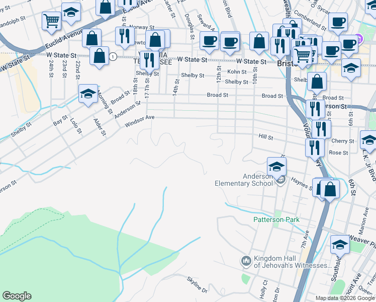 map of restaurants, bars, coffee shops, grocery stores, and more near 105 Edgemere Drive in Bristol