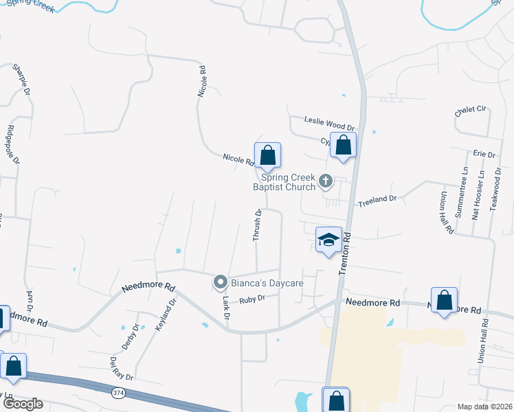 map of restaurants, bars, coffee shops, grocery stores, and more near 2829 Thrush Drive in Clarksville