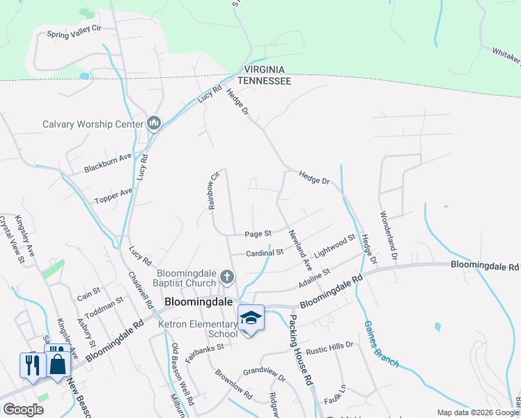 map of restaurants, bars, coffee shops, grocery stores, and more near 3340 Circle Street in Kingsport