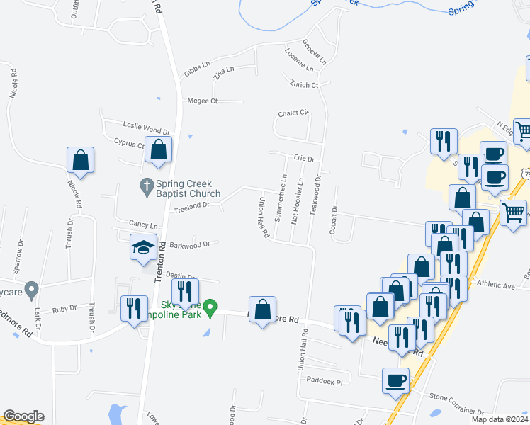 map of restaurants, bars, coffee shops, grocery stores, and more near 2783 Union Hall Road in Clarksville