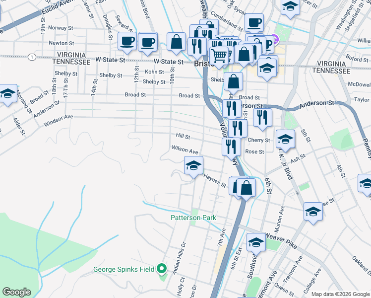 map of restaurants, bars, coffee shops, grocery stores, and more near 943 Wilson Avenue in Bristol