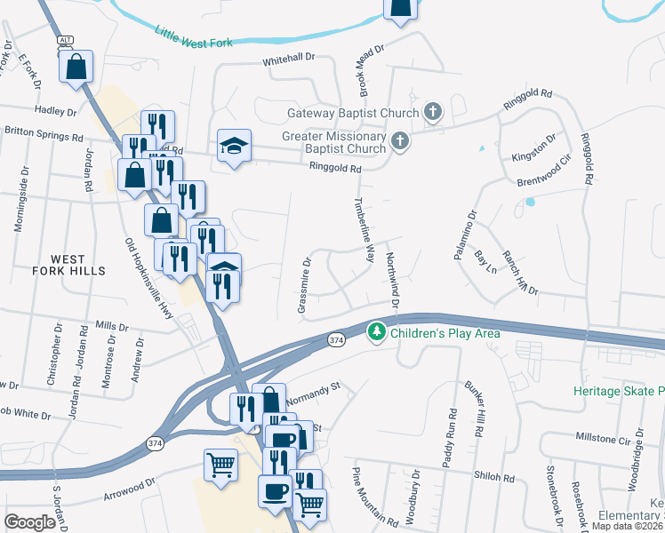 map of restaurants, bars, coffee shops, grocery stores, and more near 1859 Timberline Place in Clarksville