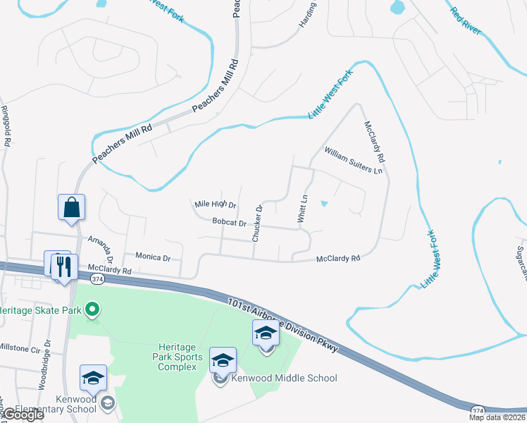 map of restaurants, bars, coffee shops, grocery stores, and more near 1321 Chucker Drive in Clarksville