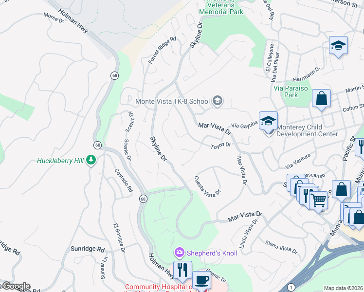 map of restaurants, bars, coffee shops, grocery stores, and more near 150 Shady Lane in Monterey