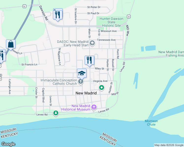 map of restaurants, bars, coffee shops, grocery stores, and more near 500-598 Main Street in New Madrid
