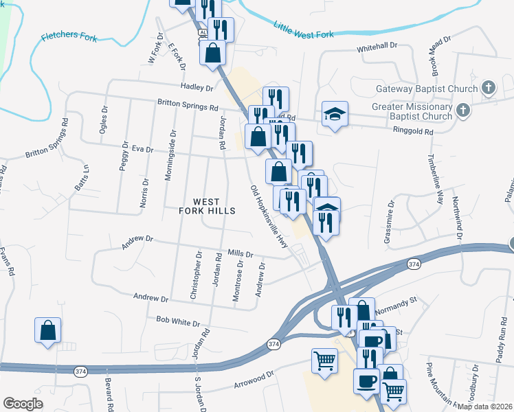 map of restaurants, bars, coffee shops, grocery stores, and more near 233 Old Hopkinsville Highway in Clarksville