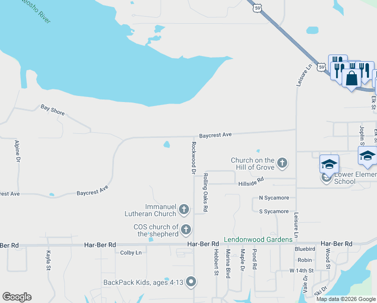 map of restaurants, bars, coffee shops, grocery stores, and more near 610 Rockwood Drive in Grove