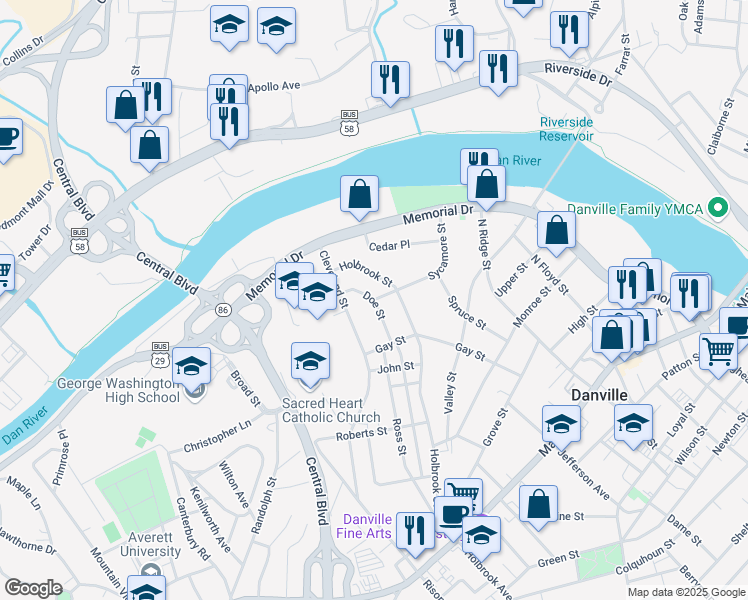 map of restaurants, bars, coffee shops, grocery stores, and more near 498 Sycamore St in Danville