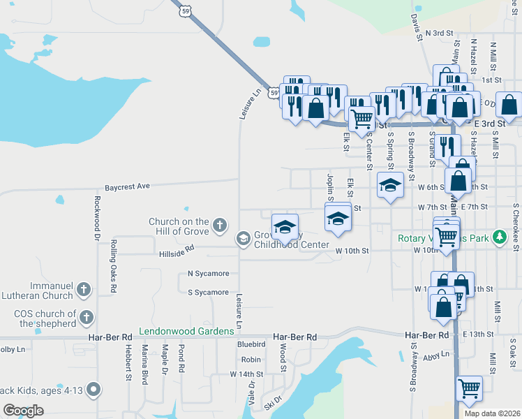 map of restaurants, bars, coffee shops, grocery stores, and more near 905 West 7th Street in Grove