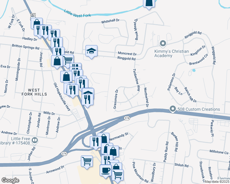 map of restaurants, bars, coffee shops, grocery stores, and more near 61 Grassmire Drive in Clarksville