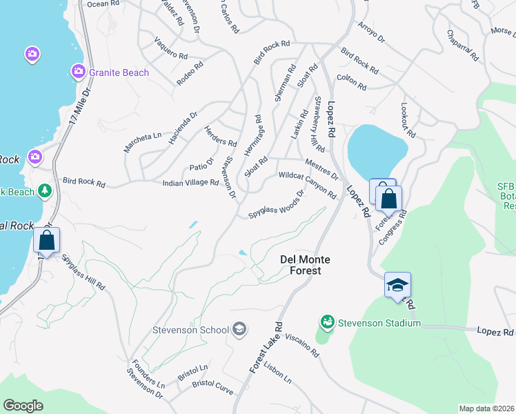 map of restaurants, bars, coffee shops, grocery stores, and more near 1071 Spyglass Woods Drive in Del Monte Forest