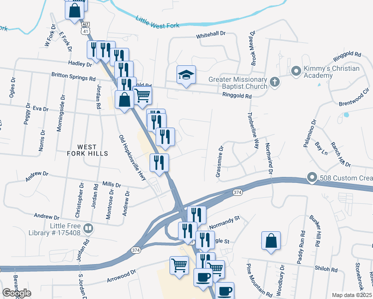 map of restaurants, bars, coffee shops, grocery stores, and more near 21 Millswood Drive in Clarksville