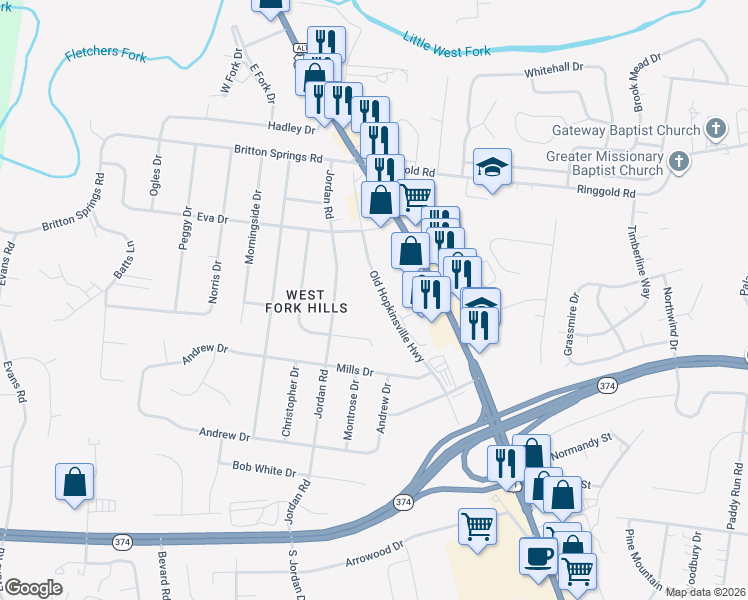 map of restaurants, bars, coffee shops, grocery stores, and more near 233 Old Hopkinsville Highway in Clarksville