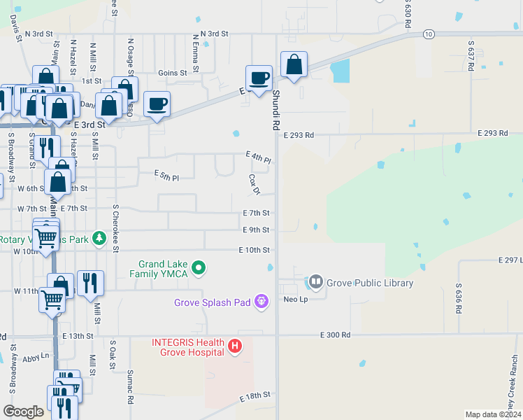map of restaurants, bars, coffee shops, grocery stores, and more near 807 East 7th Street in Grove