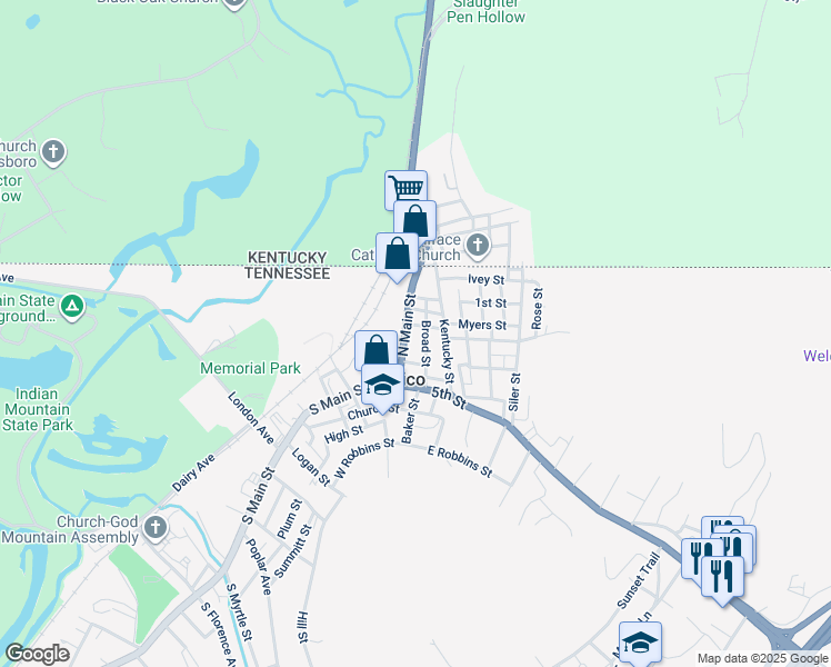 map of restaurants, bars, coffee shops, grocery stores, and more near 226 North Main Street in Jellico