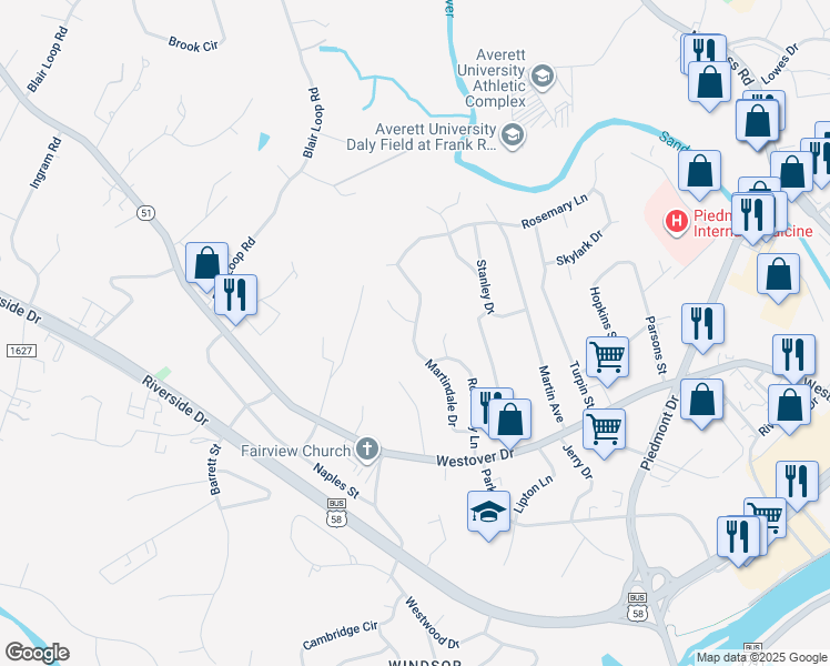 map of restaurants, bars, coffee shops, grocery stores, and more near 440 Rosemary Lane in Danville