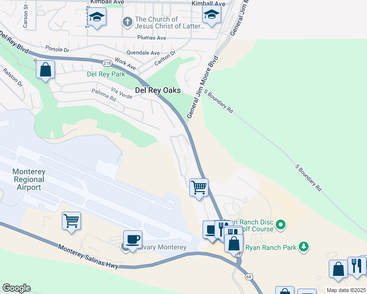 map of restaurants, bars, coffee shops, grocery stores, and more near 210 Quail Run Court in Del Rey Oaks