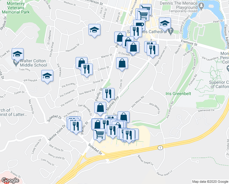 map of restaurants, bars, coffee shops, grocery stores, and more near 1167 Alameda Street in Monterey