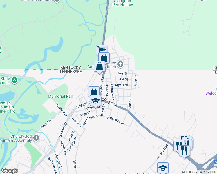 map of restaurants, bars, coffee shops, grocery stores, and more near 226 North Main Street in Jellico