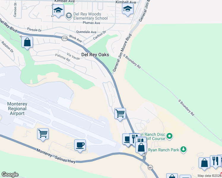 map of restaurants, bars, coffee shops, grocery stores, and more near 210 Quail Run Court in Del Rey Oaks
