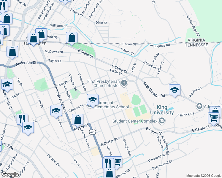 map of restaurants, bars, coffee shops, grocery stores, and more near 712 Florida Avenue in Bristol