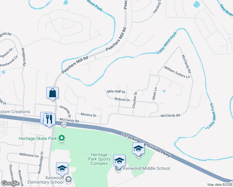 map of restaurants, bars, coffee shops, grocery stores, and more near 1034 Mile High Drive in Clarksville