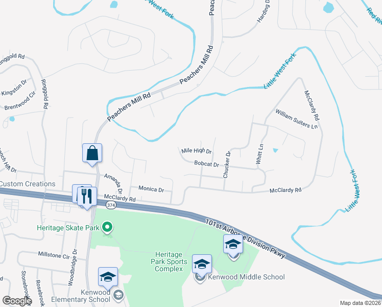 map of restaurants, bars, coffee shops, grocery stores, and more near 1034 Mile High Drive in Clarksville