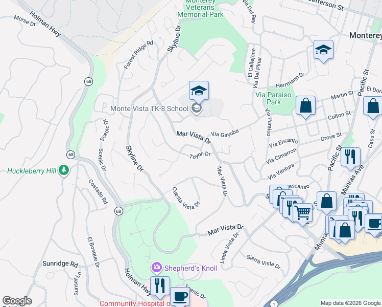 map of restaurants, bars, coffee shops, grocery stores, and more near 514 Toyon Drive in Monterey