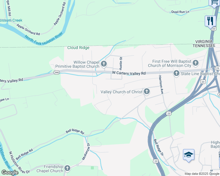 map of restaurants, bars, coffee shops, grocery stores, and more near 641 Mayfield Ave in Kingsport