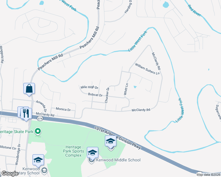 map of restaurants, bars, coffee shops, grocery stores, and more near 1321 Chucker Drive in Clarksville