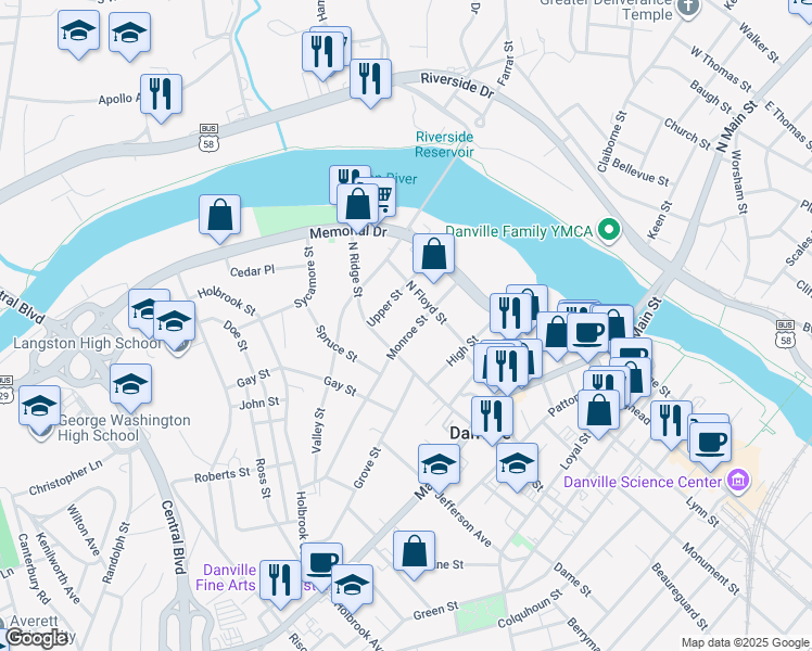map of restaurants, bars, coffee shops, grocery stores, and more near 630 Monroe Street in Danville
