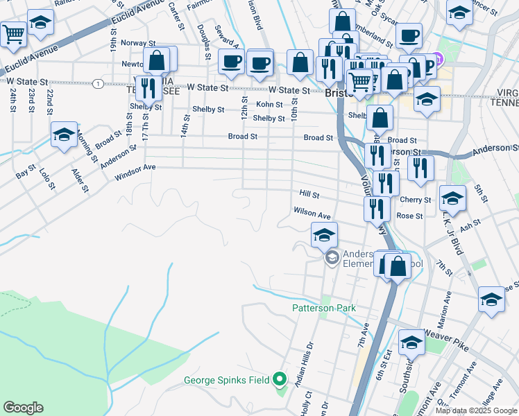 map of restaurants, bars, coffee shops, grocery stores, and more near 512 11th Street in Bristol
