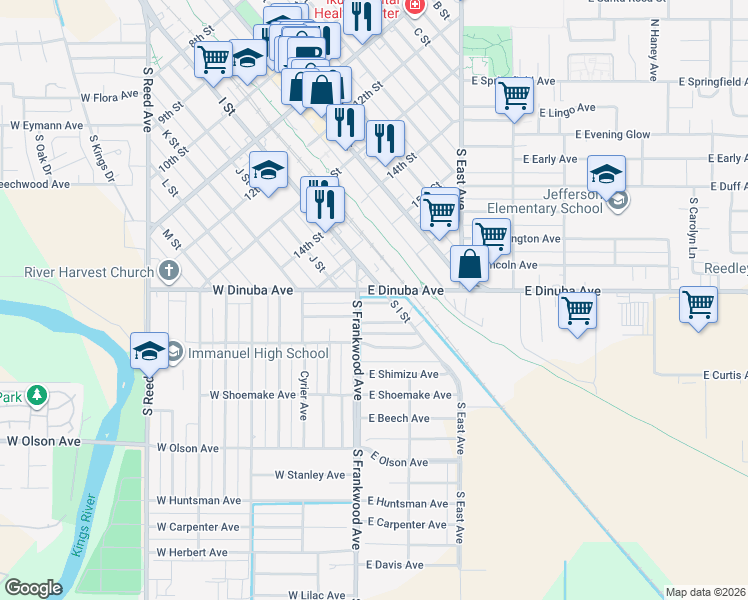map of restaurants, bars, coffee shops, grocery stores, and more near 164 E Helen Ave in Reedley