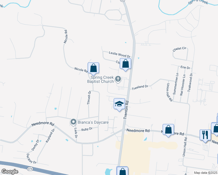 map of restaurants, bars, coffee shops, grocery stores, and more near 457 Caney Lane in Clarksville
