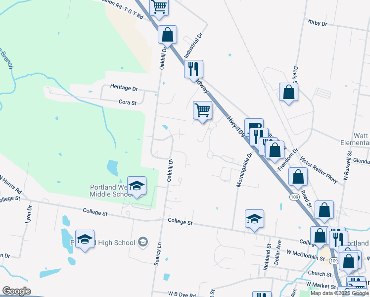 map of restaurants, bars, coffee shops, grocery stores, and more near 105 Goostree Court in Portland