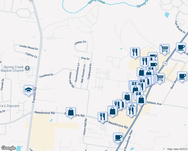 map of restaurants, bars, coffee shops, grocery stores, and more near 2850 Cobalt Drive in Clarksville