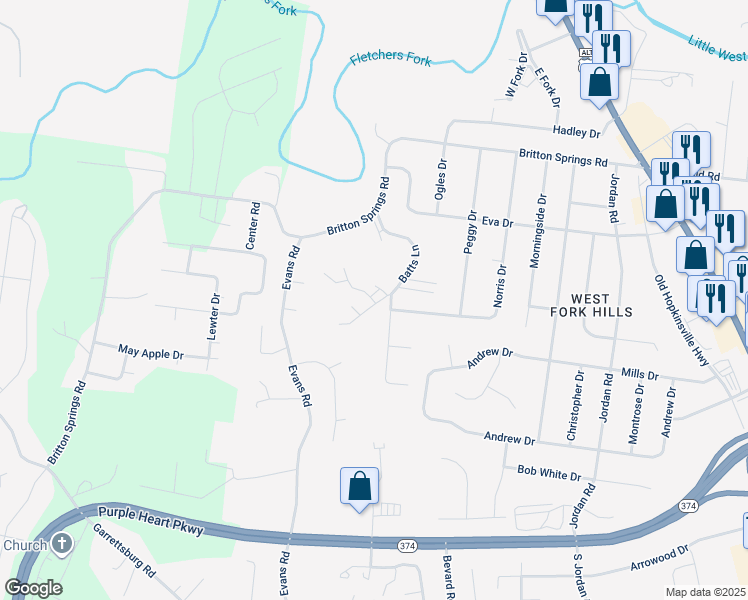 map of restaurants, bars, coffee shops, grocery stores, and more near 1924 Batts Lane in Clarksville