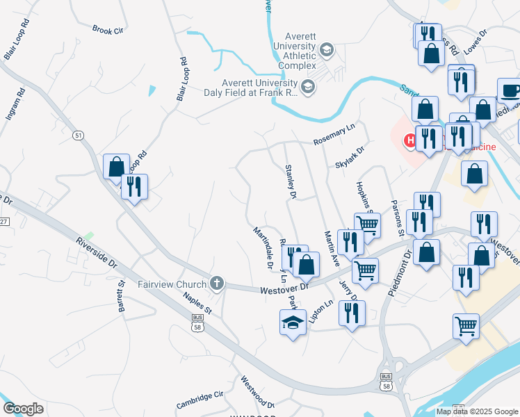 map of restaurants, bars, coffee shops, grocery stores, and more near 440 Rosemary Lane in Danville