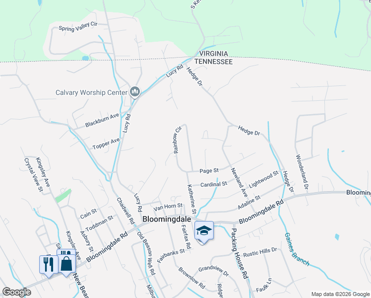 map of restaurants, bars, coffee shops, grocery stores, and more near 416 Rainbow Cir in Kingsport